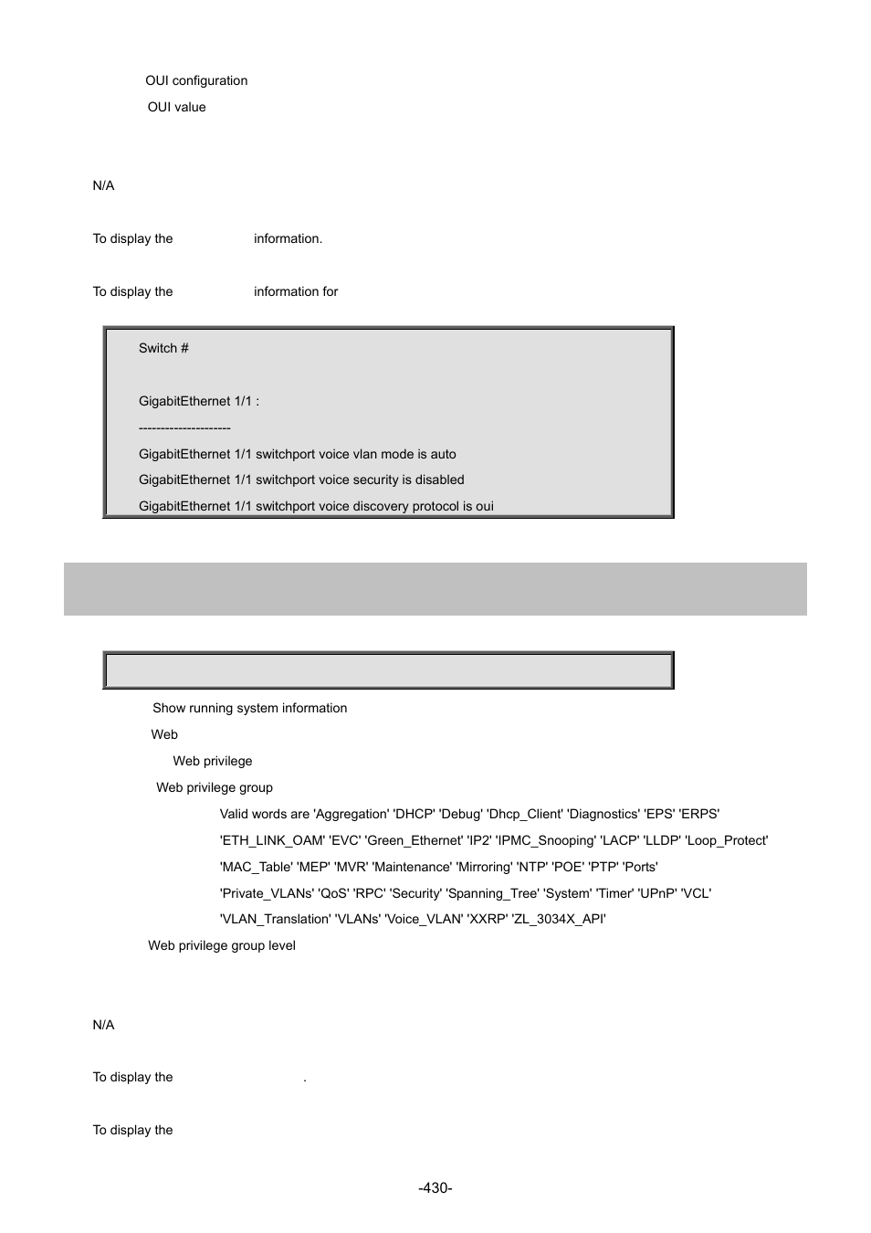 109 show web privilege group | Interlogix NS4702-24P-4S-4X Command Line Guide User Manual | Page 430 / 434