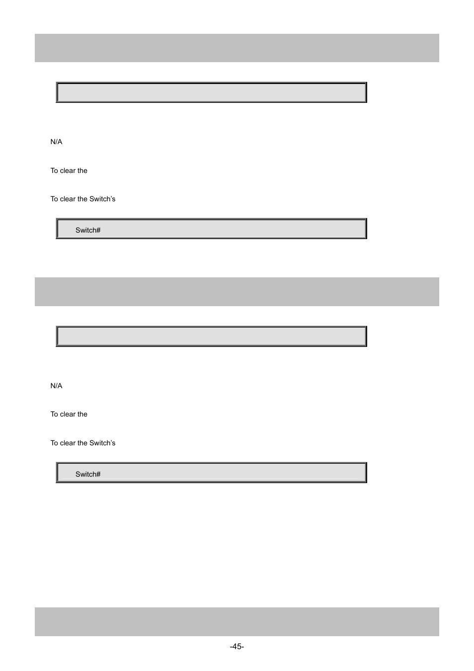 33 clear lldp statistics, 34 clear logging error info, 35 clear logging error warning | Interlogix NS4702-24P-4S-4X Command Line Guide User Manual | Page 45 / 434