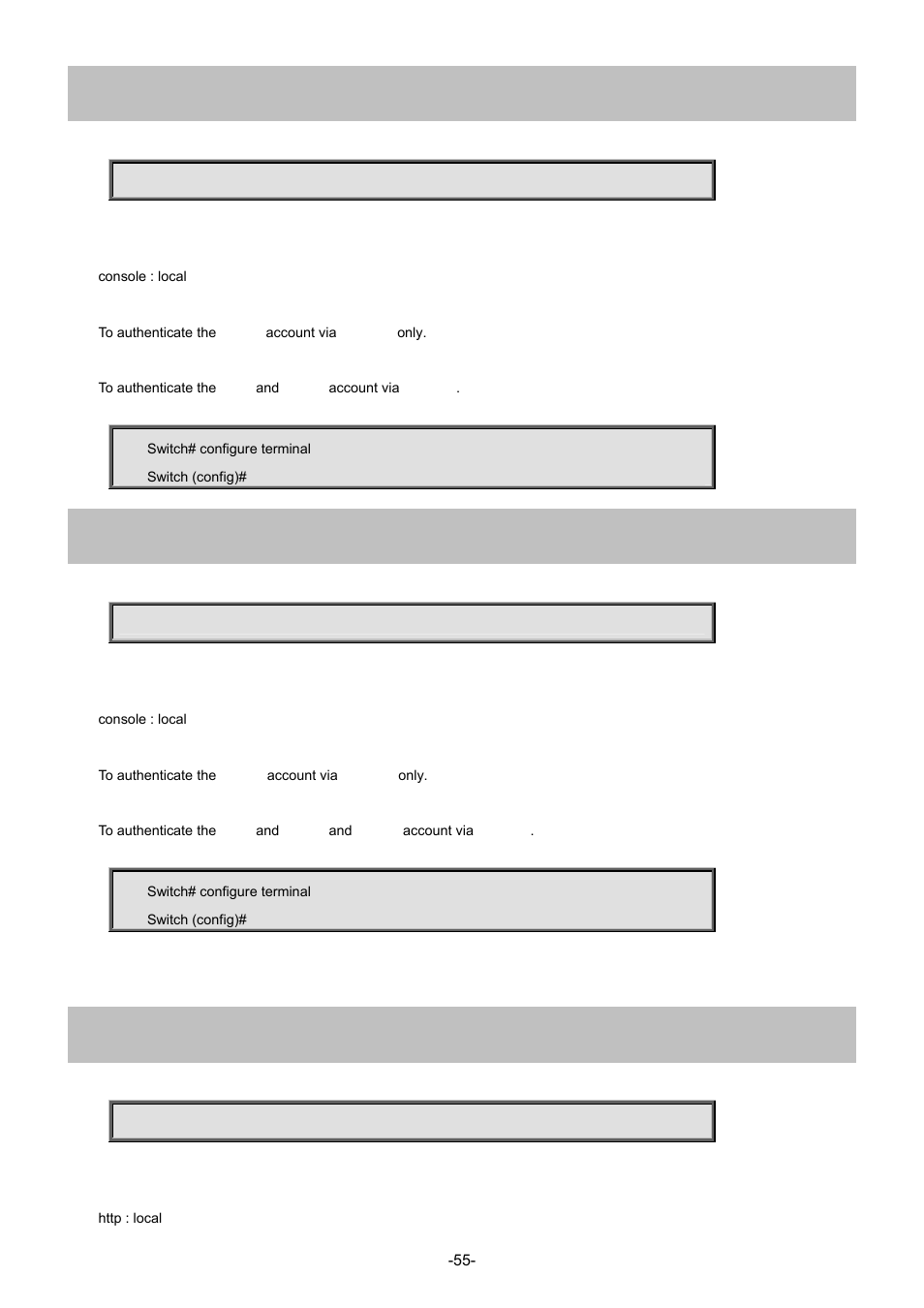 2 aaa authentication login console radius, 3 aaa authentication login console tacacs, 4 aaa authentication login http local | Interlogix NS4702-24P-4S-4X Command Line Guide User Manual | Page 55 / 434