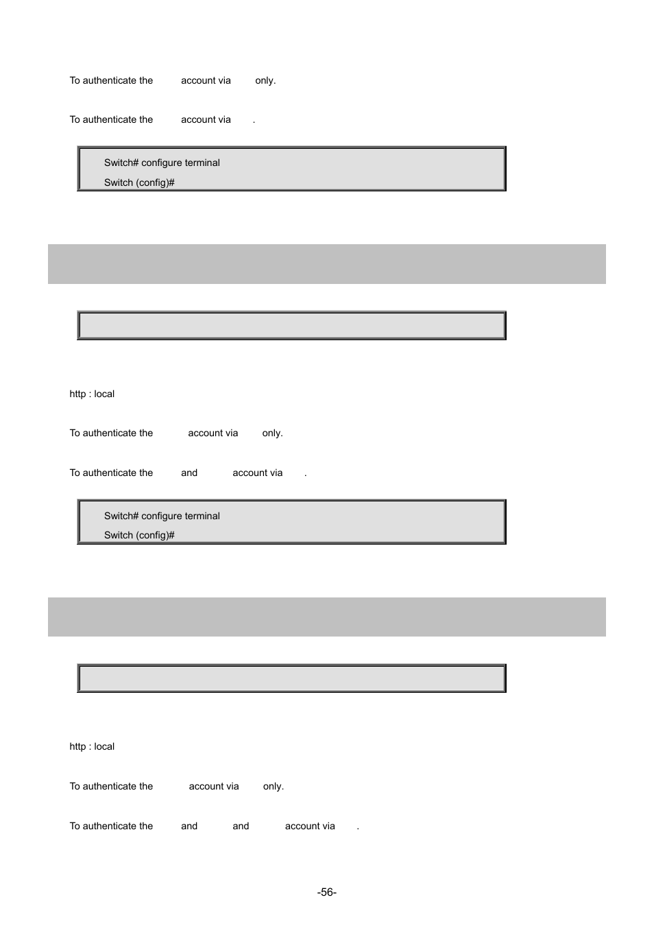 5 aaa authentication login http radius, 6 aaa authentication login http tacacs | Interlogix NS4702-24P-4S-4X Command Line Guide User Manual | Page 56 / 434