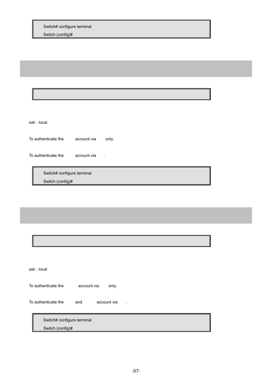 7 aaa authentication login ssh local, 8 aaa authentication login ssh radius | Interlogix NS4702-24P-4S-4X Command Line Guide User Manual | Page 57 / 434