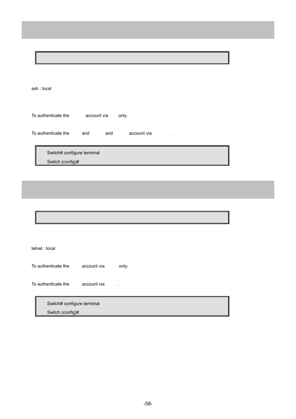 9 aaa authentication login ssh tacacs, 10 aaa authentication login telnet local | Interlogix NS4702-24P-4S-4X Command Line Guide User Manual | Page 58 / 434