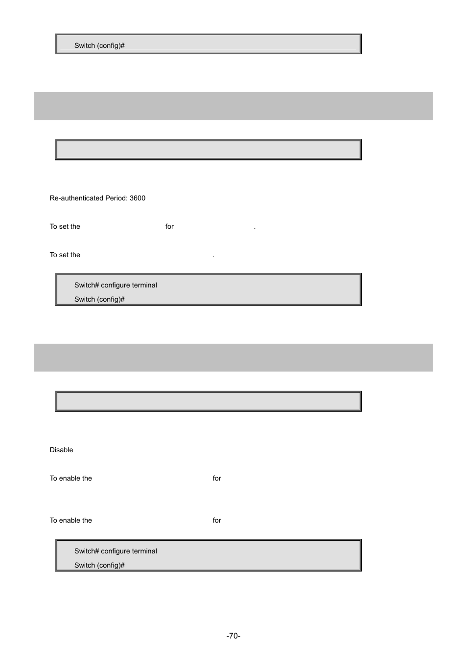 28 dot1x authentication timer re-authenticate, 29 dot1x feature | Interlogix NS4702-24P-4S-4X Command Line Guide User Manual | Page 70 / 434