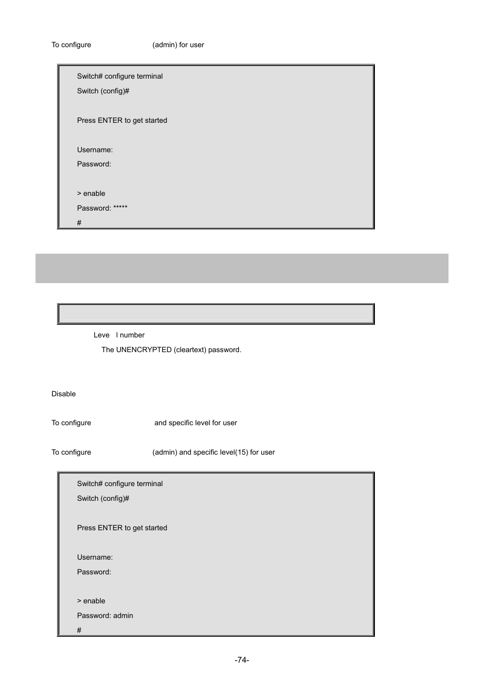 37 enable password level | Interlogix NS4702-24P-4S-4X Command Line Guide User Manual | Page 74 / 434