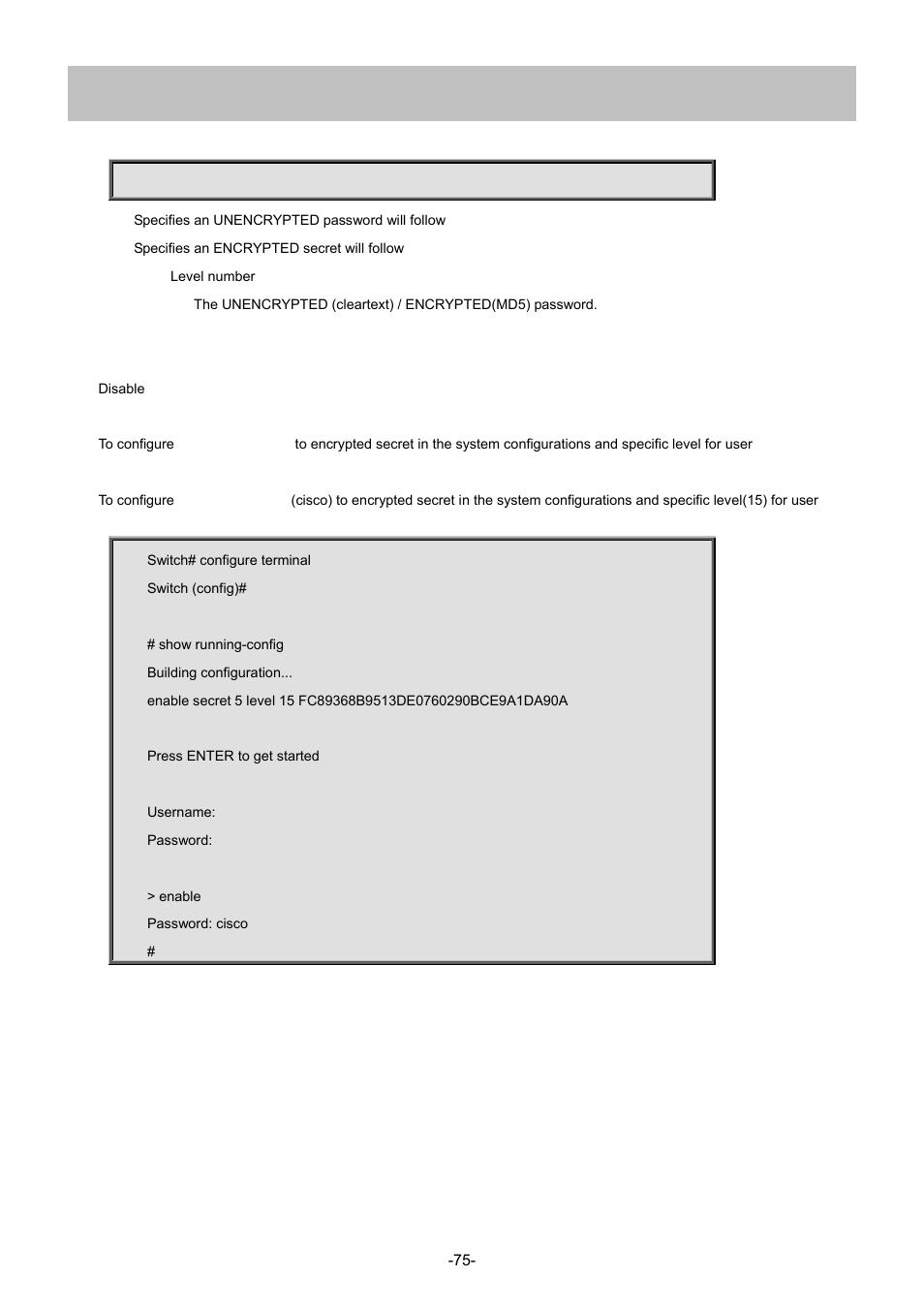 38 enable secret | Interlogix NS4702-24P-4S-4X Command Line Guide User Manual | Page 75 / 434