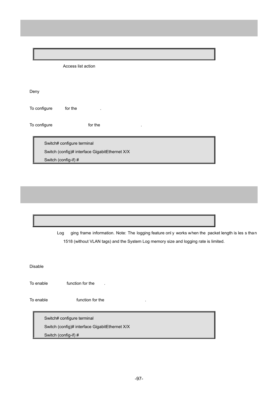 2 access-list action deny, 3 access-list logging | Interlogix NS4702-24P-4S-4X Command Line Guide User Manual | Page 97 / 434