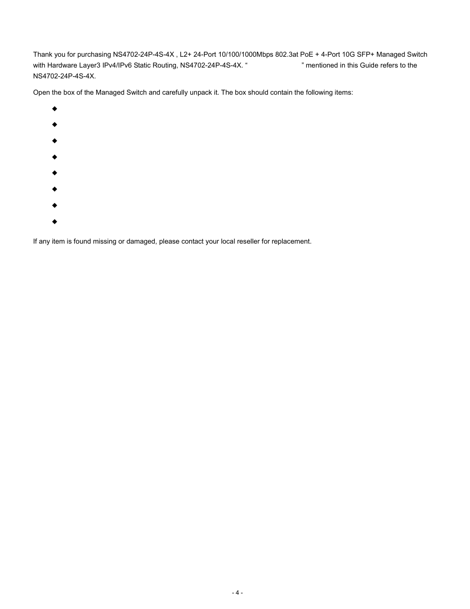 Package contents | Interlogix NS4702-24P-4S-4X Quick Start User Manual | Page 4 / 16