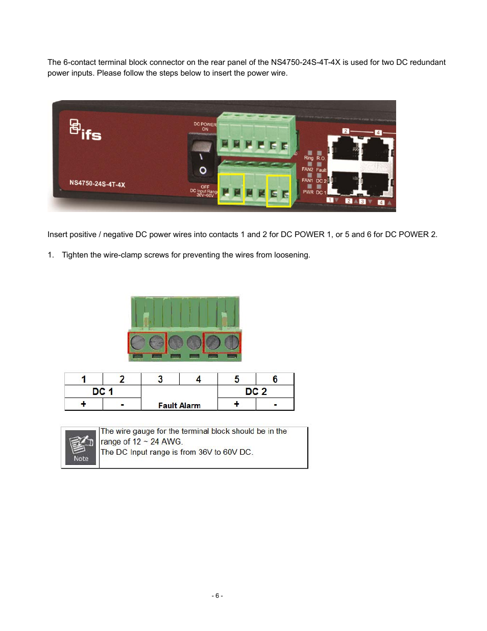 Wiring dc power inputs | Interlogix NS4750-24S-4T-4X Quick Start User Manual | Page 6 / 15