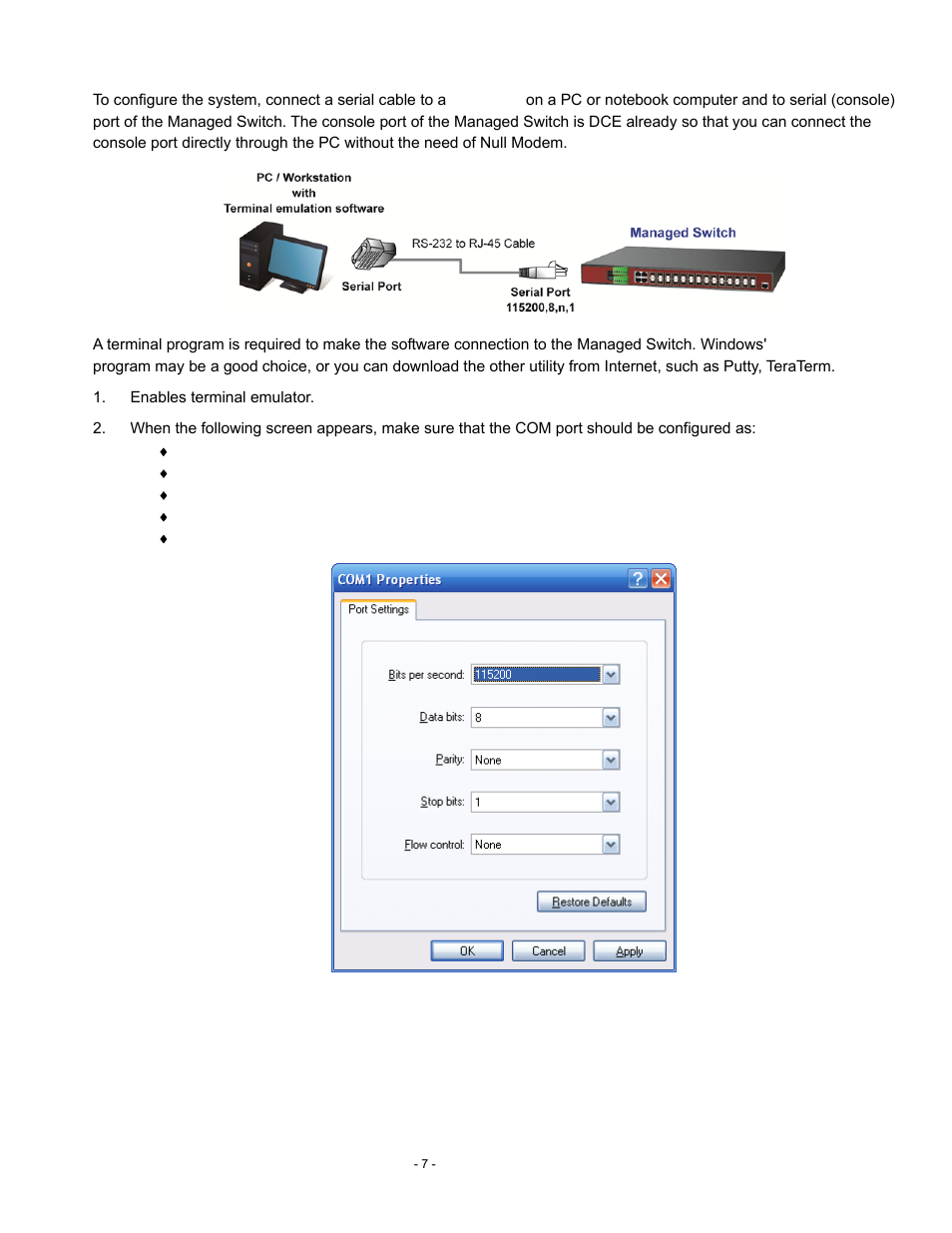 Terminal setup | Interlogix NS4750-24S-4T-4X Quick Start User Manual | Page 7 / 15
