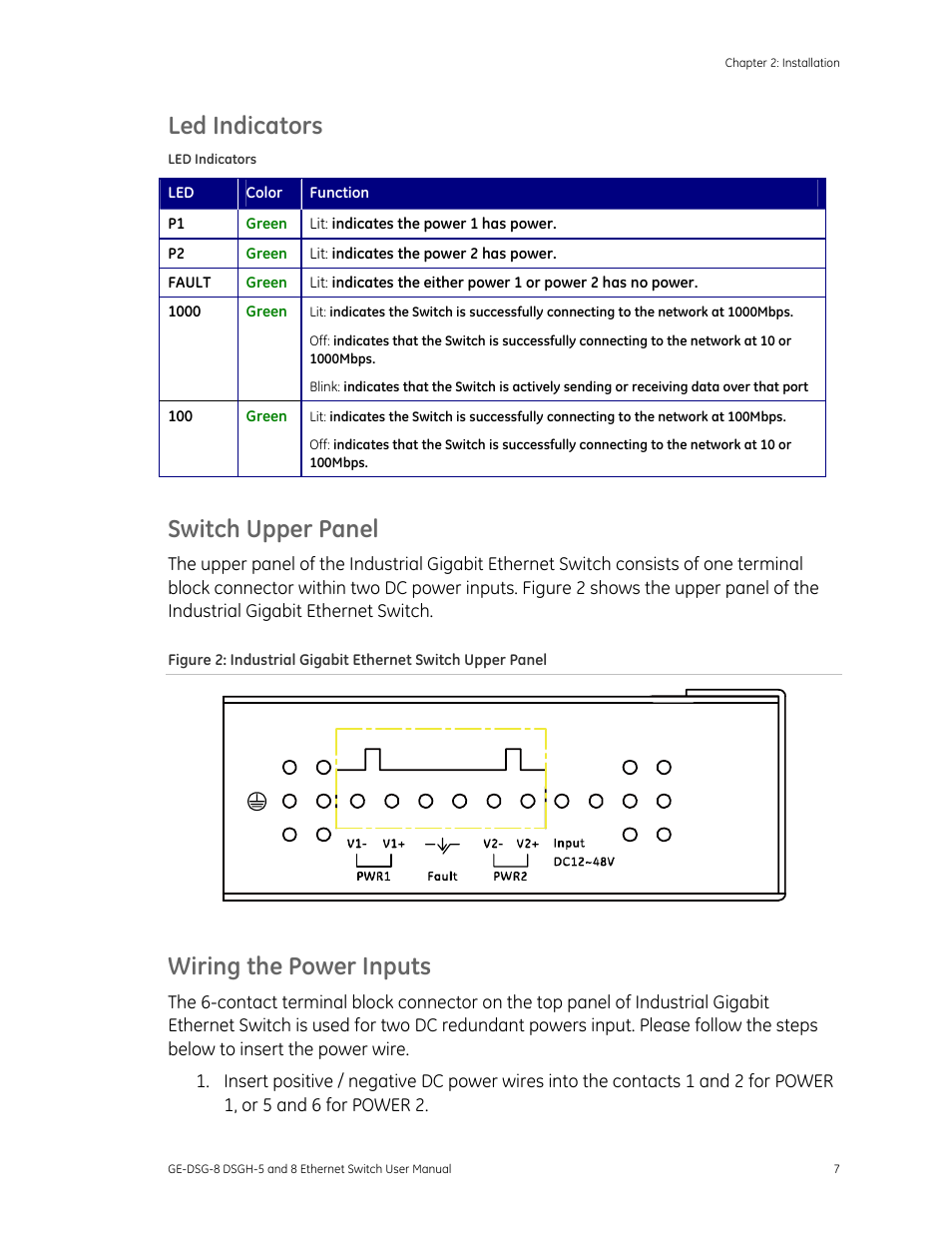 Led indicators, Switch upper panel, Wiring the power inputs | Interlogix DSGH Series User Manual | Page 11 / 25