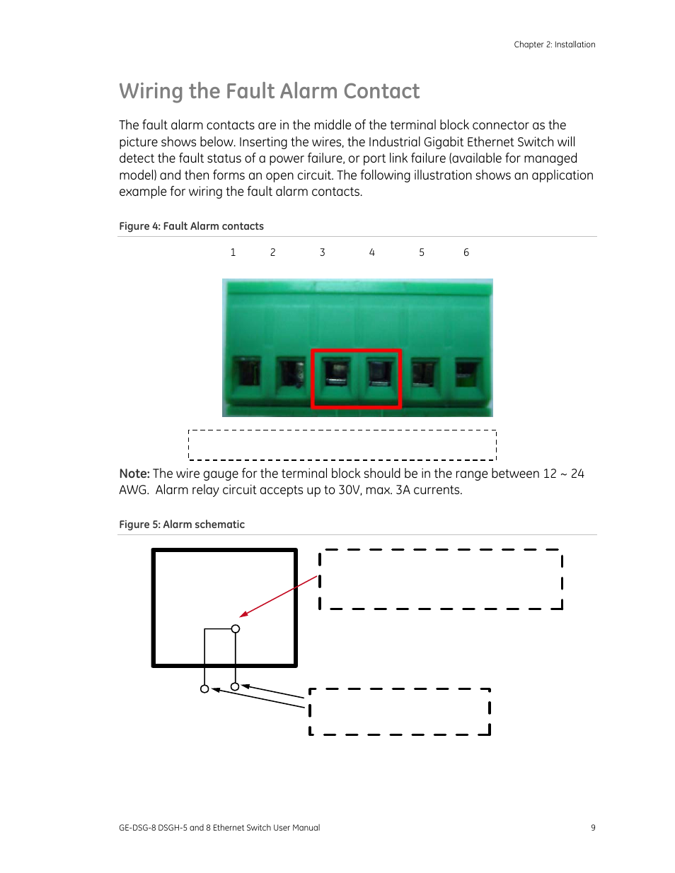 Wiring the fault alarm contact, Contact 9, Industrial switch | Interlogix DSGH Series User Manual | Page 13 / 25