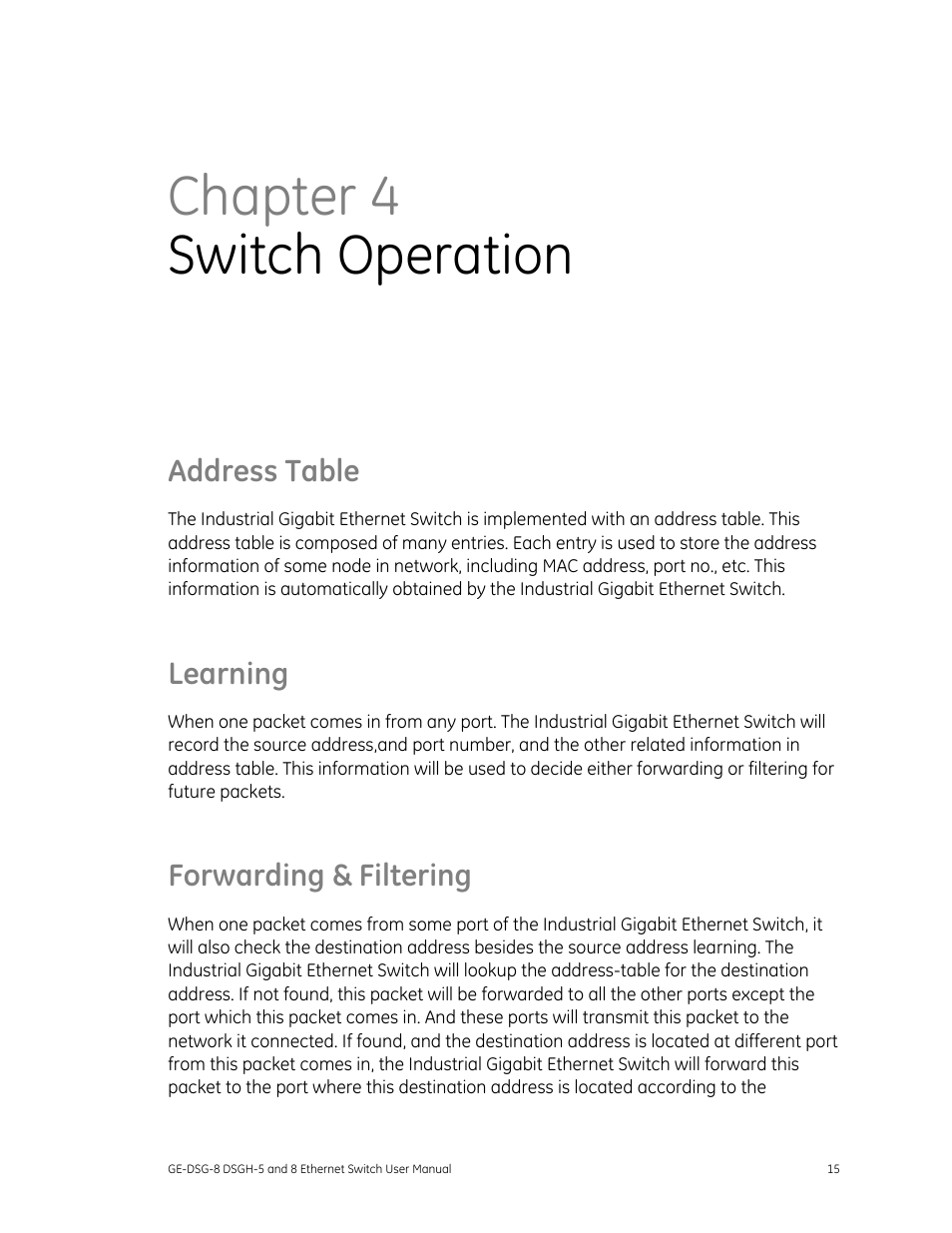 Address table, Learning, Forwarding & filtering | 15 forwarding & filtering 15, Chapter 4 switch operation | Interlogix DSGH Series User Manual | Page 19 / 25