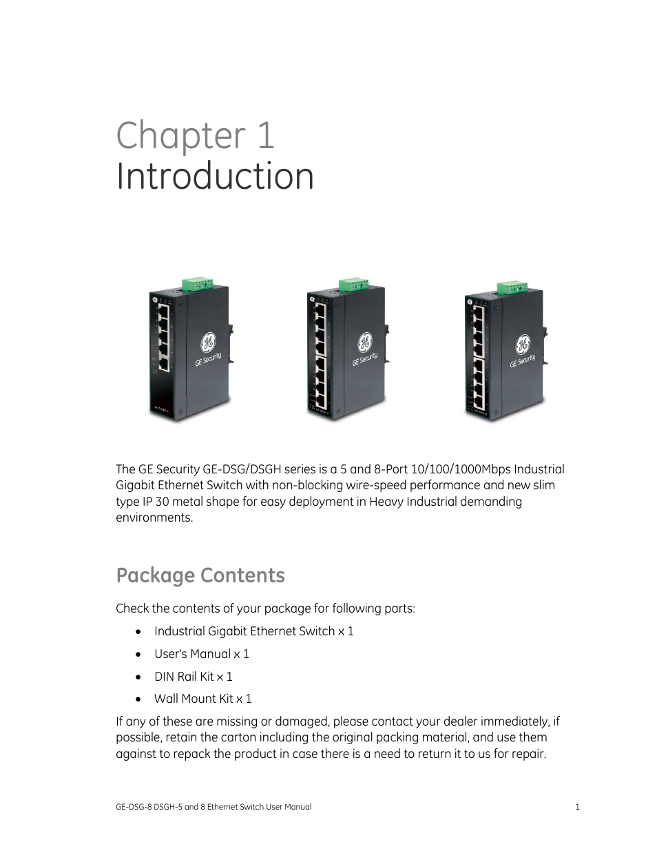 Package contents, Troduction 1, Package contents 1 | Chapter 1 introduction | Interlogix DSGH Series User Manual | Page 5 / 25