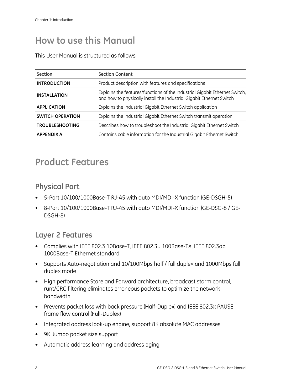 How to use this manual, Product features, Physical port | Layer 2 features | Interlogix DSGH Series User Manual | Page 6 / 25