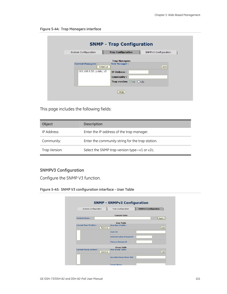 Snmpv3 configuration | Interlogix GE-DSH-73 Series User Manual User Manual | Page 105 / 179