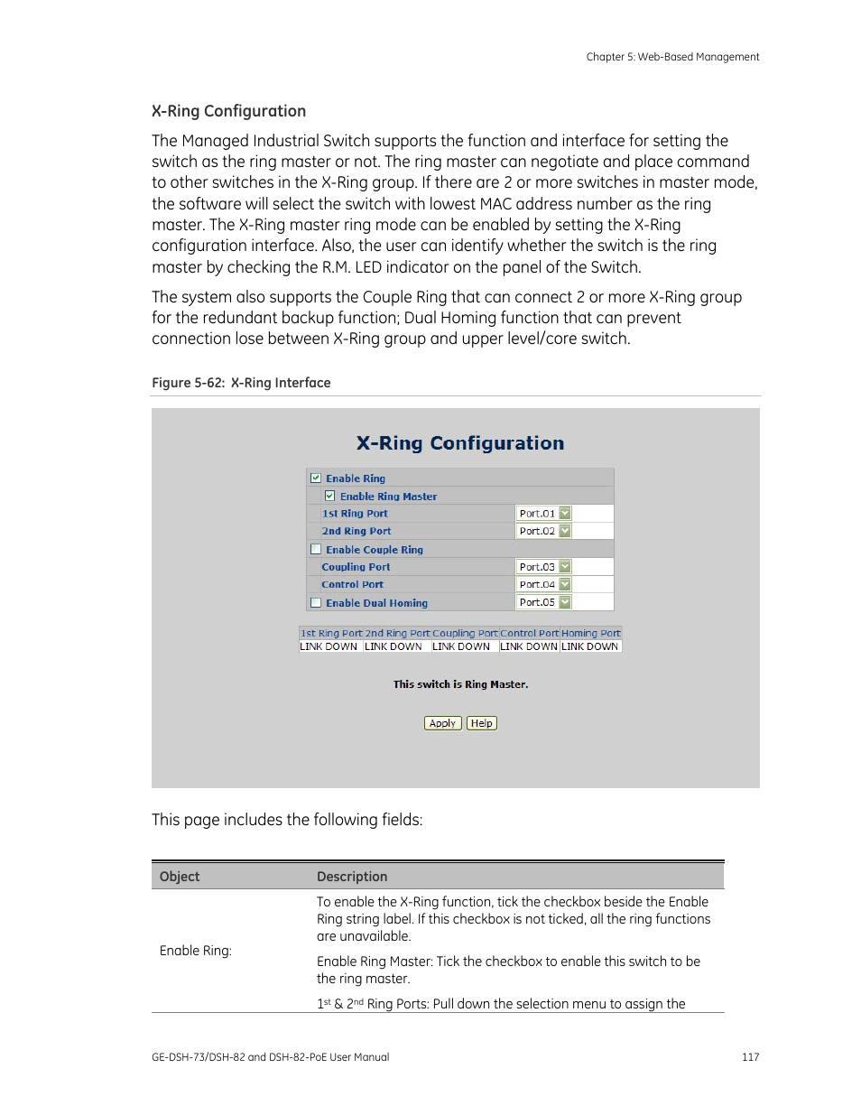 X-ring configuration, Security, Security-802.1x/radius configuration | This page includes the following fields | Interlogix GE-DSH-73 Series User Manual User Manual | Page 121 / 179