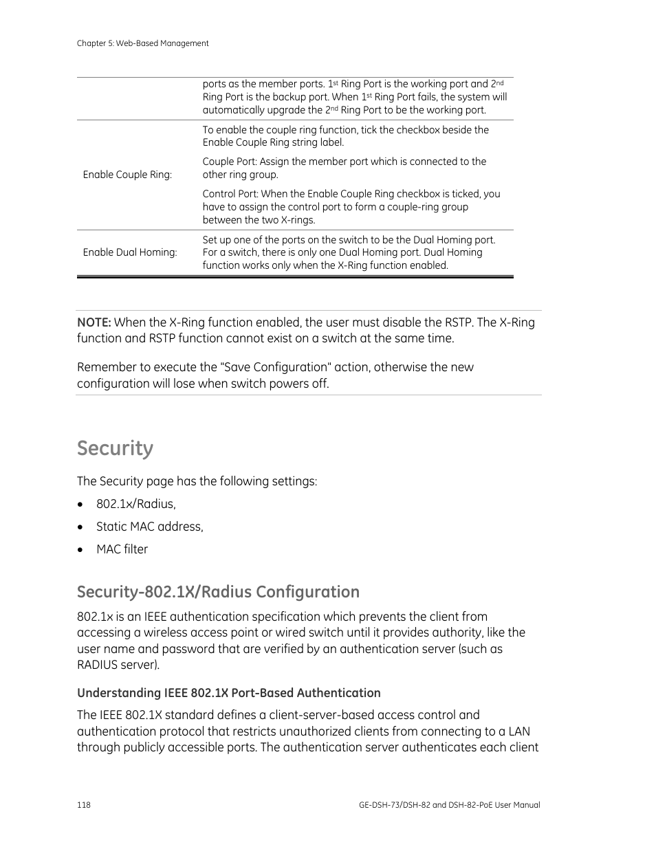 Security, Security-802.1x/radius configuration | Interlogix GE-DSH-73 Series User Manual User Manual | Page 122 / 179