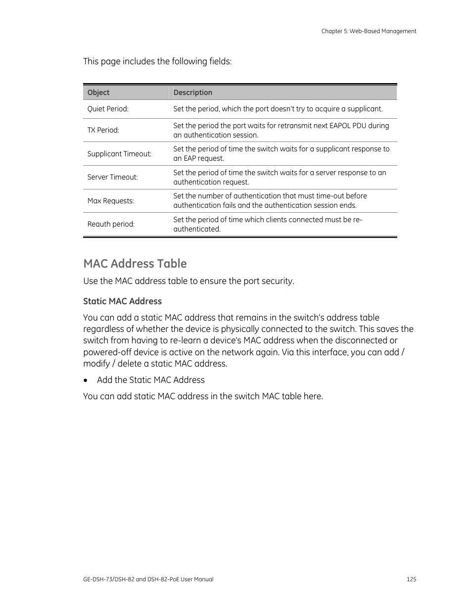Mac address table, Static mac address | Interlogix GE-DSH-73 Series User Manual User Manual | Page 129 / 179
