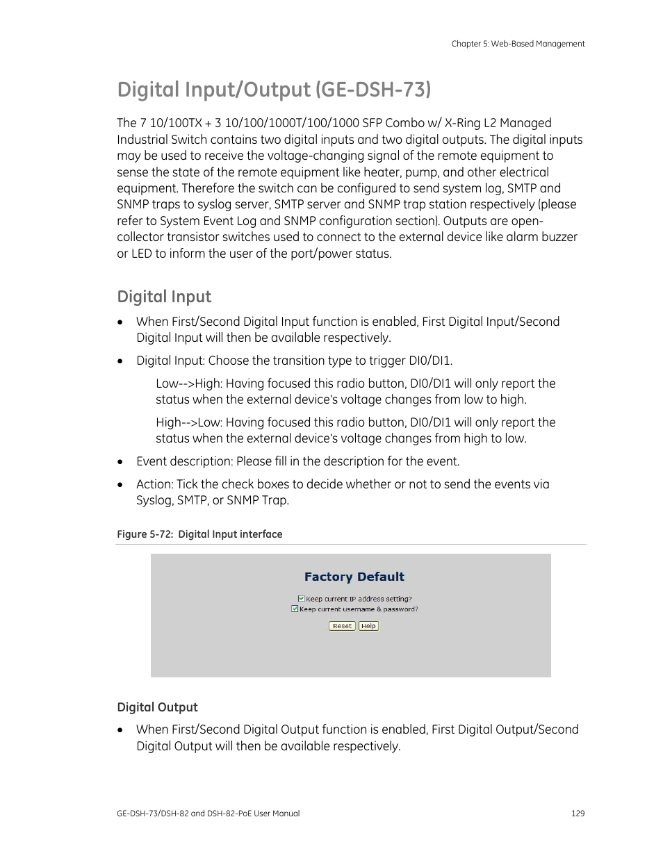 Digital input/output (ge-dsh-73), Digital input, Digital output | Interlogix GE-DSH-73 Series User Manual User Manual | Page 133 / 179