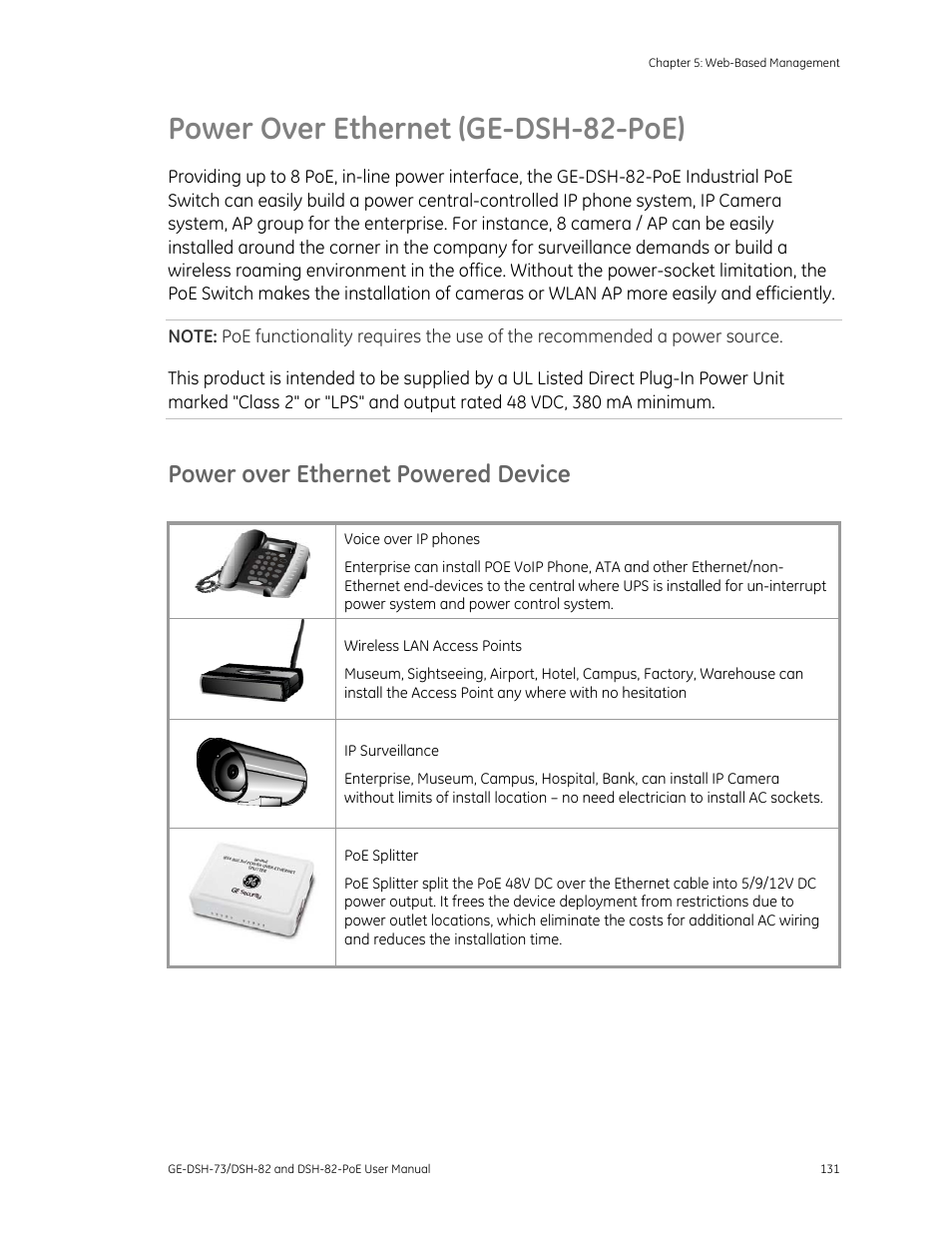 Power over ethernet (ge-dsh-82-poe), Power over ethernet powered device, Power over ethernet (ge-dsh-82-poe) 131 | Interlogix GE-DSH-73 Series User Manual User Manual | Page 135 / 179