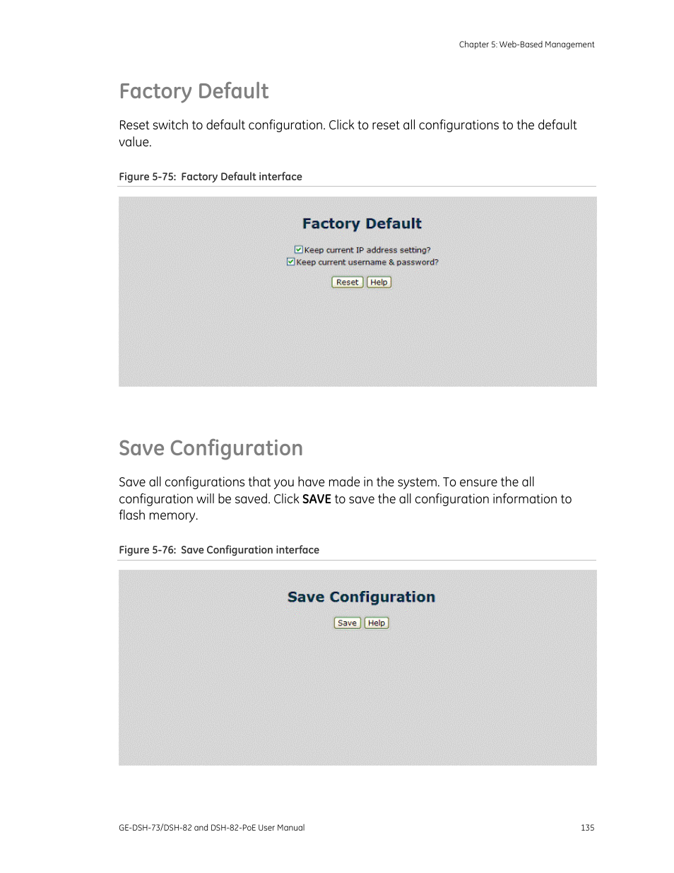 Factory default, Save configuration | Interlogix GE-DSH-73 Series User Manual User Manual | Page 139 / 179