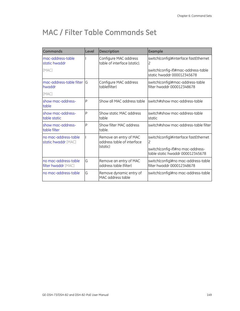 Mac / filter table commands set, Commands set 149 | Interlogix GE-DSH-73 Series User Manual User Manual | Page 153 / 179