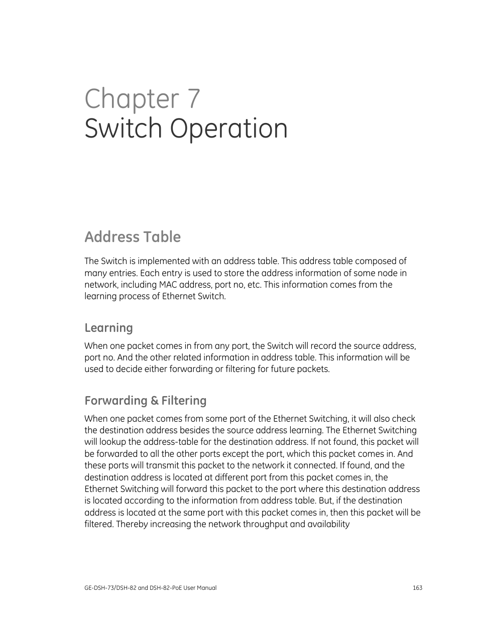 Address table, Learning, Forwarding & filtering | Chapter 7 switch operation | Interlogix GE-DSH-73 Series User Manual User Manual | Page 167 / 179