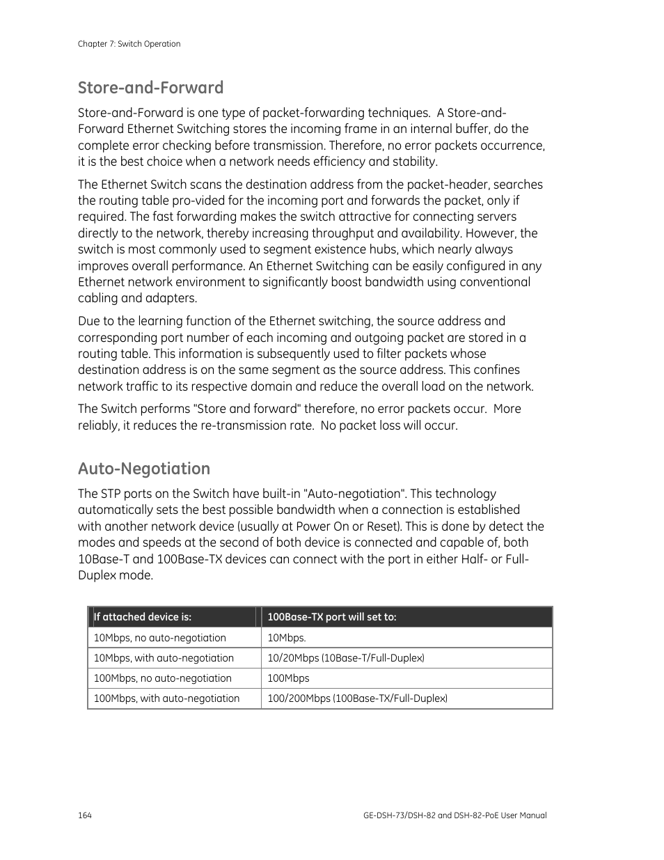 Store-and-forward, Auto-negotiation | Interlogix GE-DSH-73 Series User Manual User Manual | Page 168 / 179