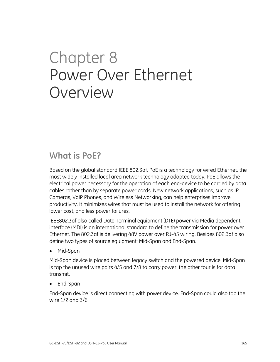 What is poe, Chapter 8 power over ethernet overview | Interlogix GE-DSH-73 Series User Manual User Manual | Page 169 / 179