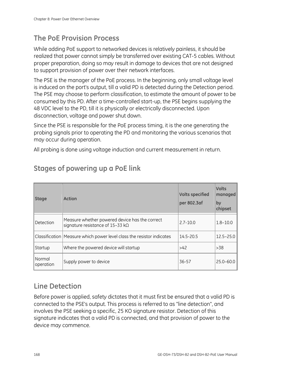 The poe provision process, Stages of powering up a poe link, Line detection | Interlogix GE-DSH-73 Series User Manual User Manual | Page 172 / 179