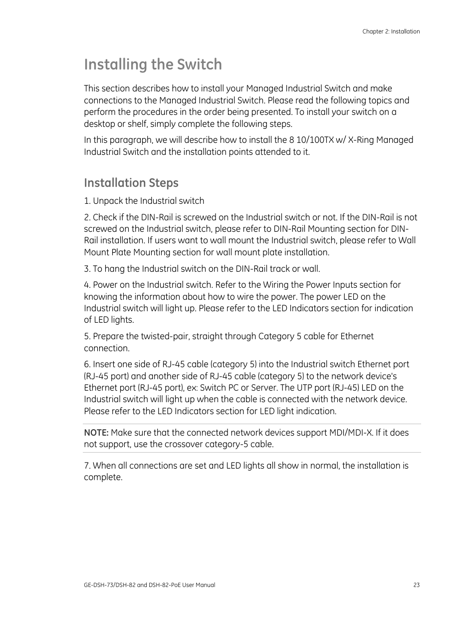 Installing the switch, Installation steps, Installing the switch 23 | Interlogix GE-DSH-73 Series User Manual User Manual | Page 27 / 179