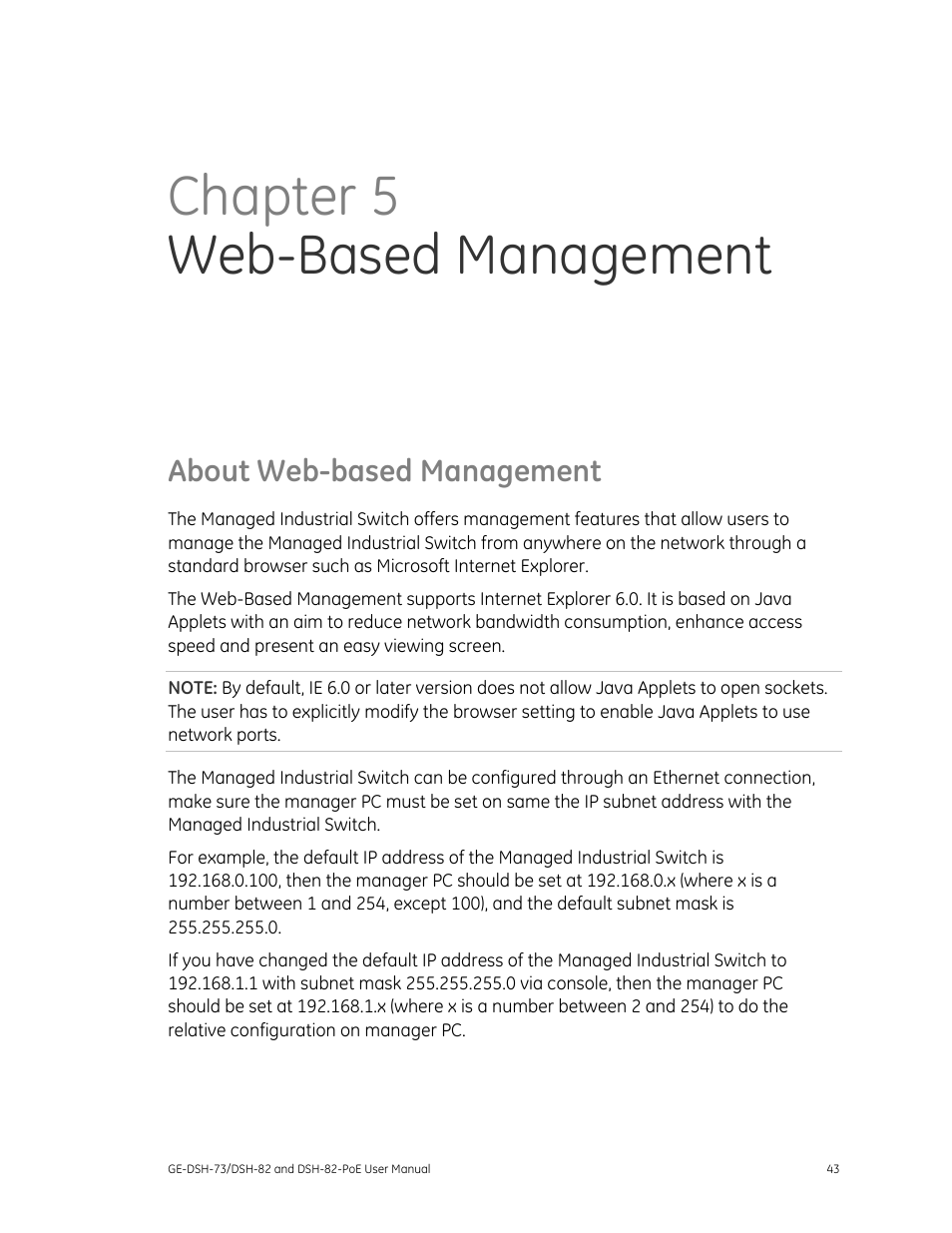 About web-based management, About web-based management 43, Chapter 5 web-based management | Interlogix GE-DSH-73 Series User Manual User Manual | Page 47 / 179
