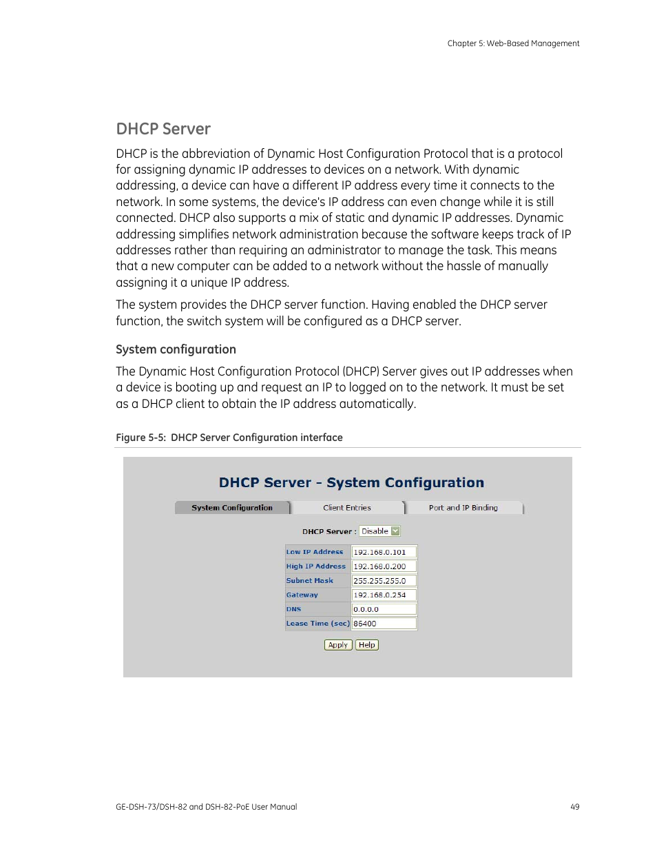 Dhcp server, System configuration | Interlogix GE-DSH-73 Series User Manual User Manual | Page 53 / 179