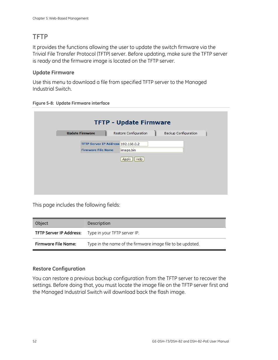Tftp, Update firmware, Restore configuration | Interlogix GE-DSH-73 Series User Manual User Manual | Page 56 / 179