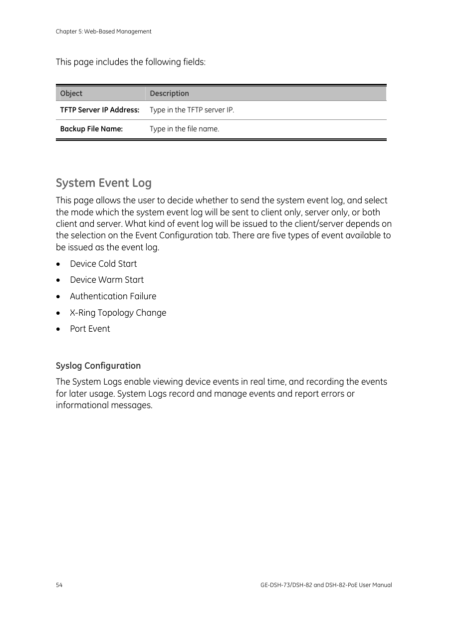 System event log, Syslog configuration | Interlogix GE-DSH-73 Series User Manual User Manual | Page 58 / 179