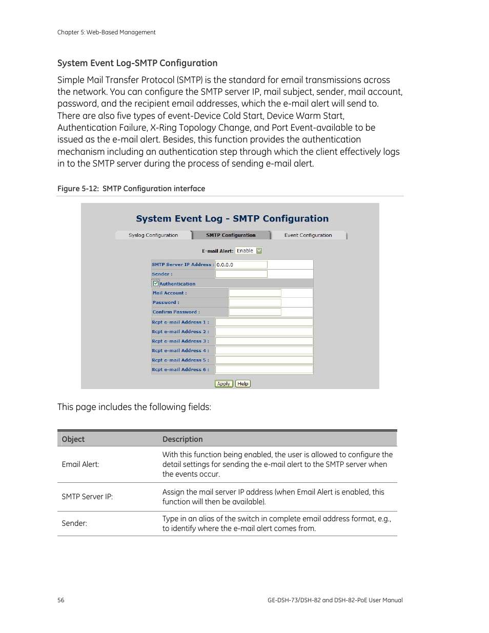 System event log-smtp configuration | Interlogix GE-DSH-73 Series User Manual User Manual | Page 60 / 179