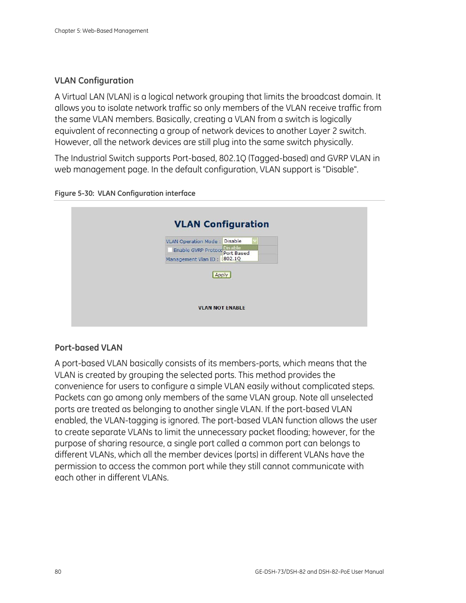 Vlan configuration, Port-based vlan | Interlogix GE-DSH-73 Series User Manual User Manual | Page 84 / 179