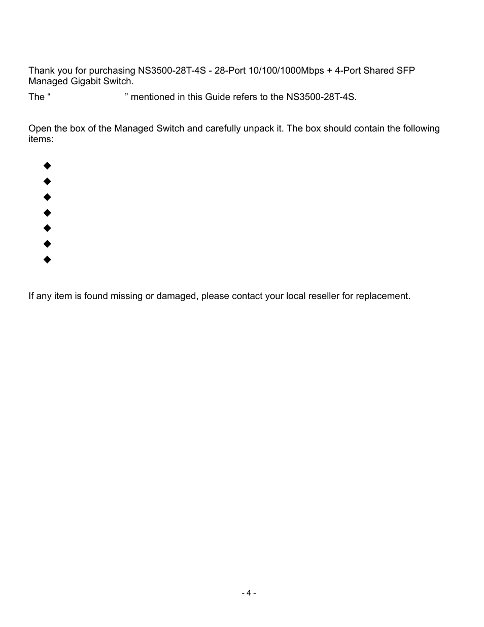 Package contents | Interlogix NS3500-28T-4S Quick Start User Manual | Page 4 / 16
