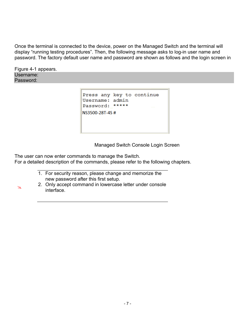 Logon to the console | Interlogix NS3500-28T-4S Quick Start User Manual | Page 7 / 16