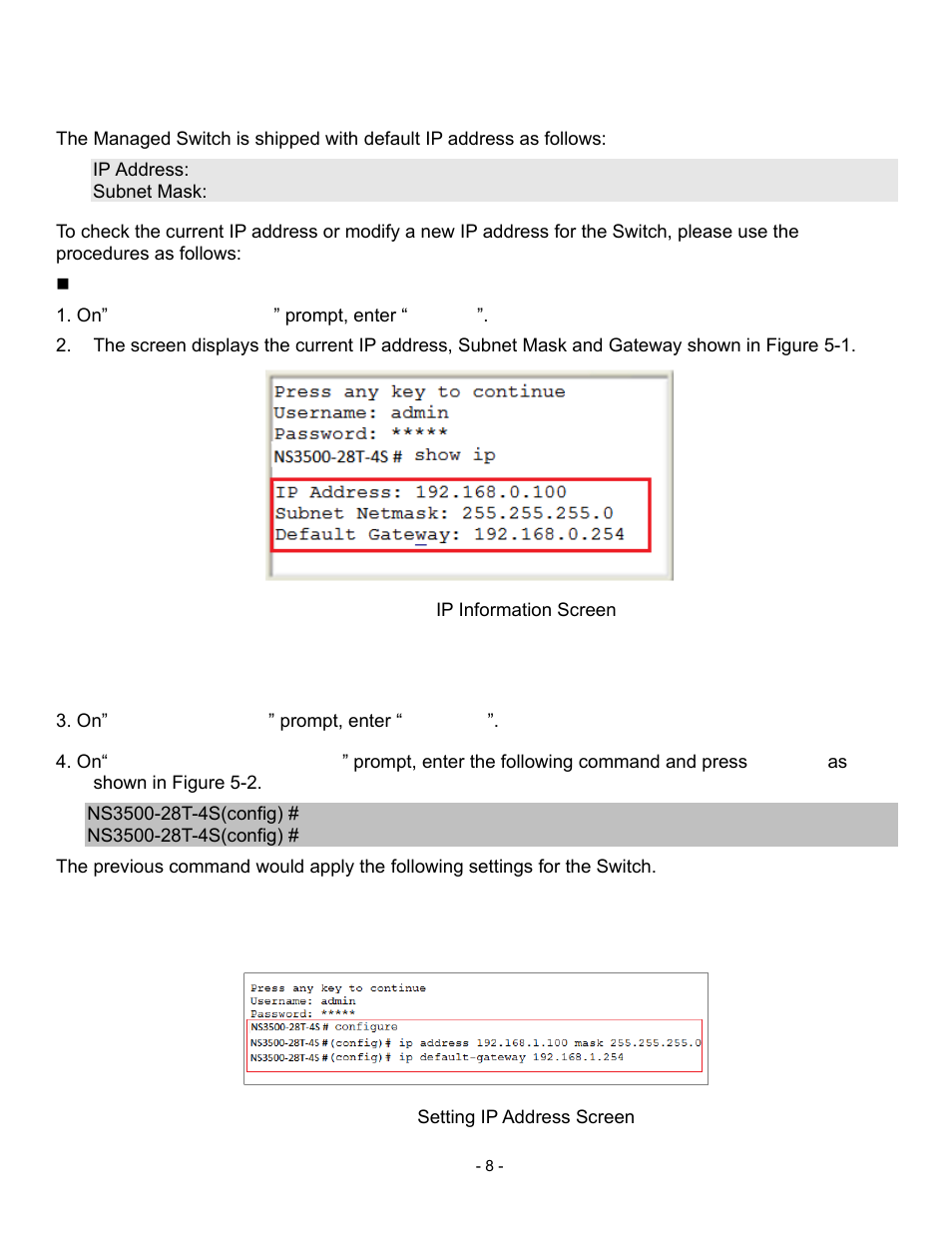 Configuring ip address via the console | Interlogix NS3500-28T-4S Quick Start User Manual | Page 8 / 16