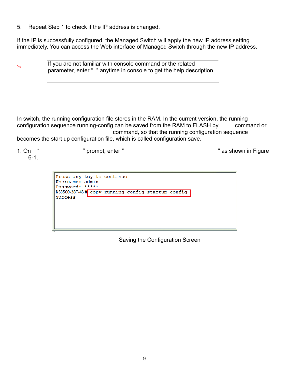 Saving the configuration via the console | Interlogix NS3500-28T-4S Quick Start User Manual | Page 9 / 16