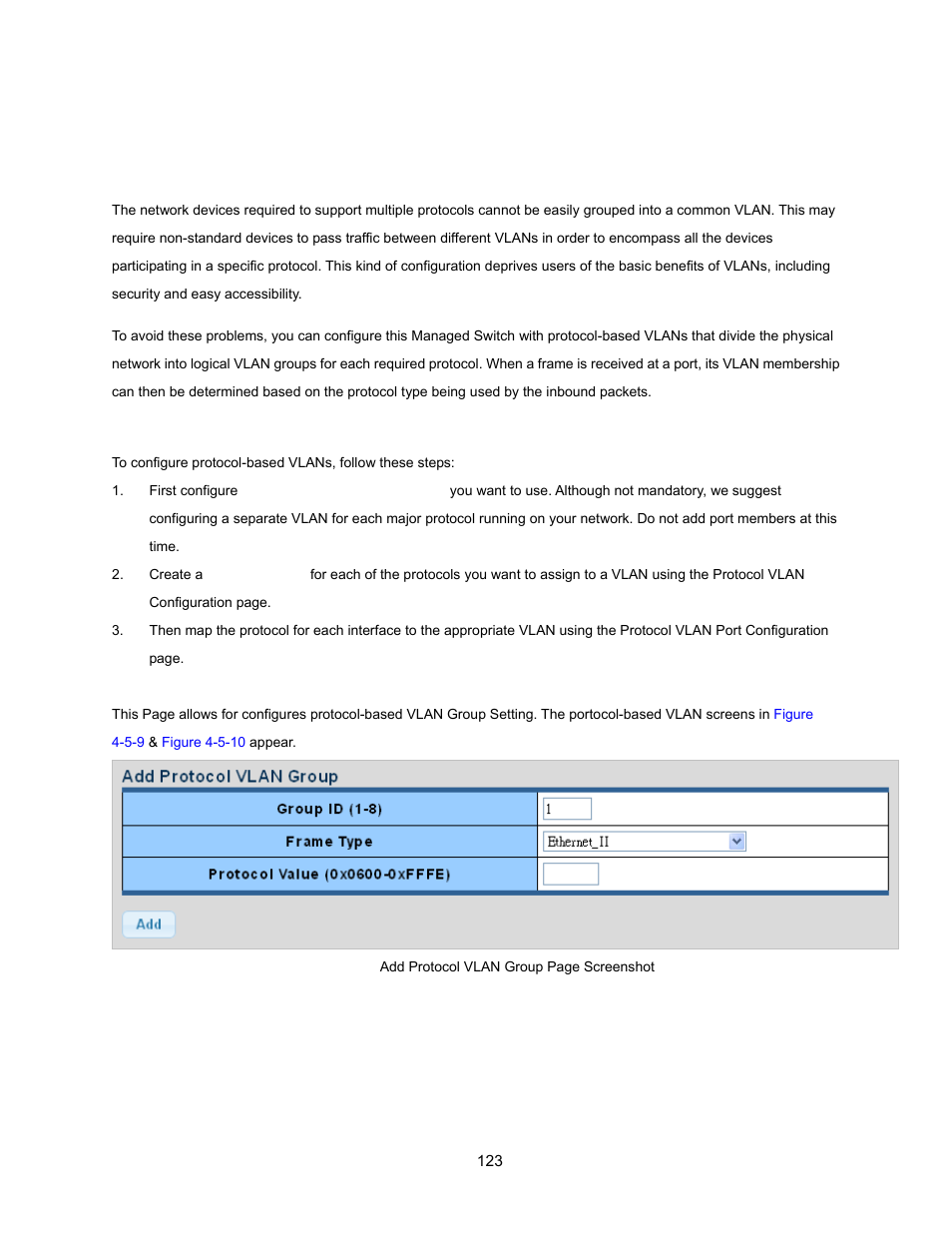 8 protocol vlan group setting | Interlogix NS3500-28T-4S User Manual User Manual | Page 123 / 363