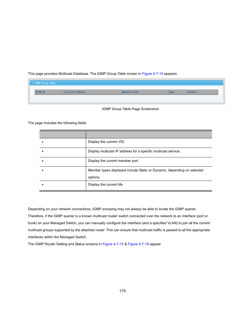 4 igmp group table, 5 igmp router setting | Interlogix NS3500-28T-4S User Manual User Manual | Page 175 / 363