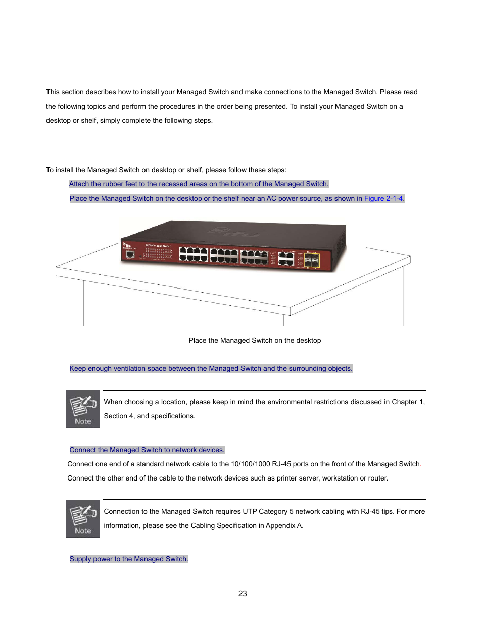 2 installing the switch, 1 desktop installation, Nstalling the | Witch | Interlogix NS3500-28T-4S User Manual User Manual | Page 23 / 363