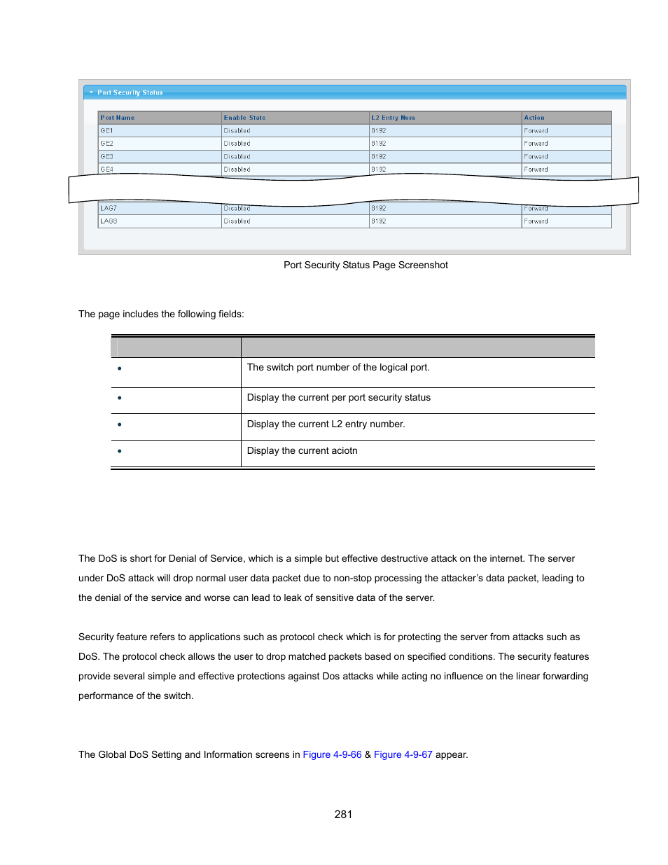 11 dos, 1 global dos setting | Interlogix NS3500-28T-4S User Manual User Manual | Page 281 / 363