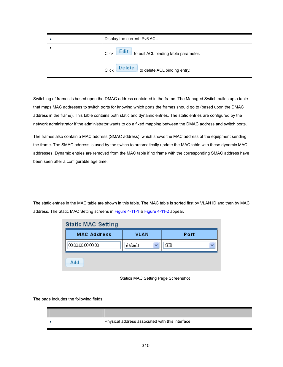 11 mac address table, 1 static mac setting, Ddress | Able | Interlogix NS3500-28T-4S User Manual User Manual | Page 310 / 363