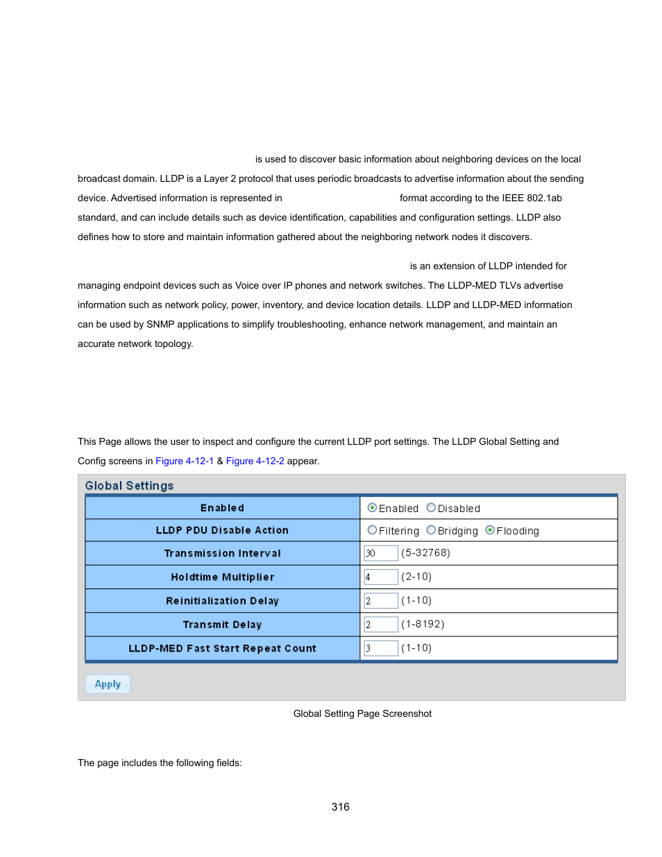 12 lldp, 1 link layer discovery protocol, 2 lldp global setting | Lldp | Interlogix NS3500-28T-4S User Manual User Manual | Page 316 / 363