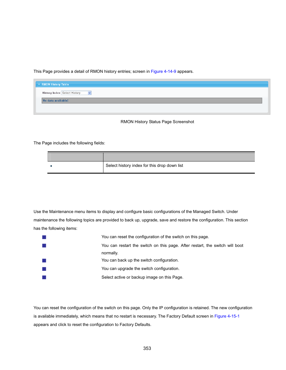 6 rmon history log, 15 maintenance, 1 factory default | Aintenance | Interlogix NS3500-28T-4S User Manual User Manual | Page 353 / 363