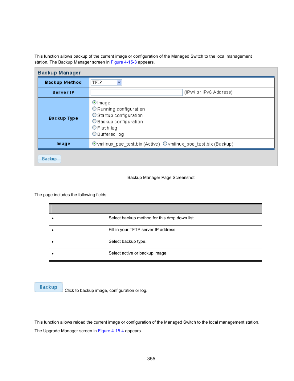 3 backup manager, 4 upgrade manager | Interlogix NS3500-28T-4S User Manual User Manual | Page 355 / 363