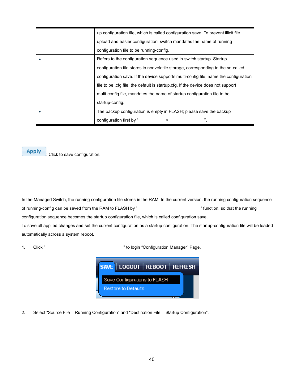 1 saving configuration | Interlogix NS3500-28T-4S User Manual User Manual | Page 40 / 363